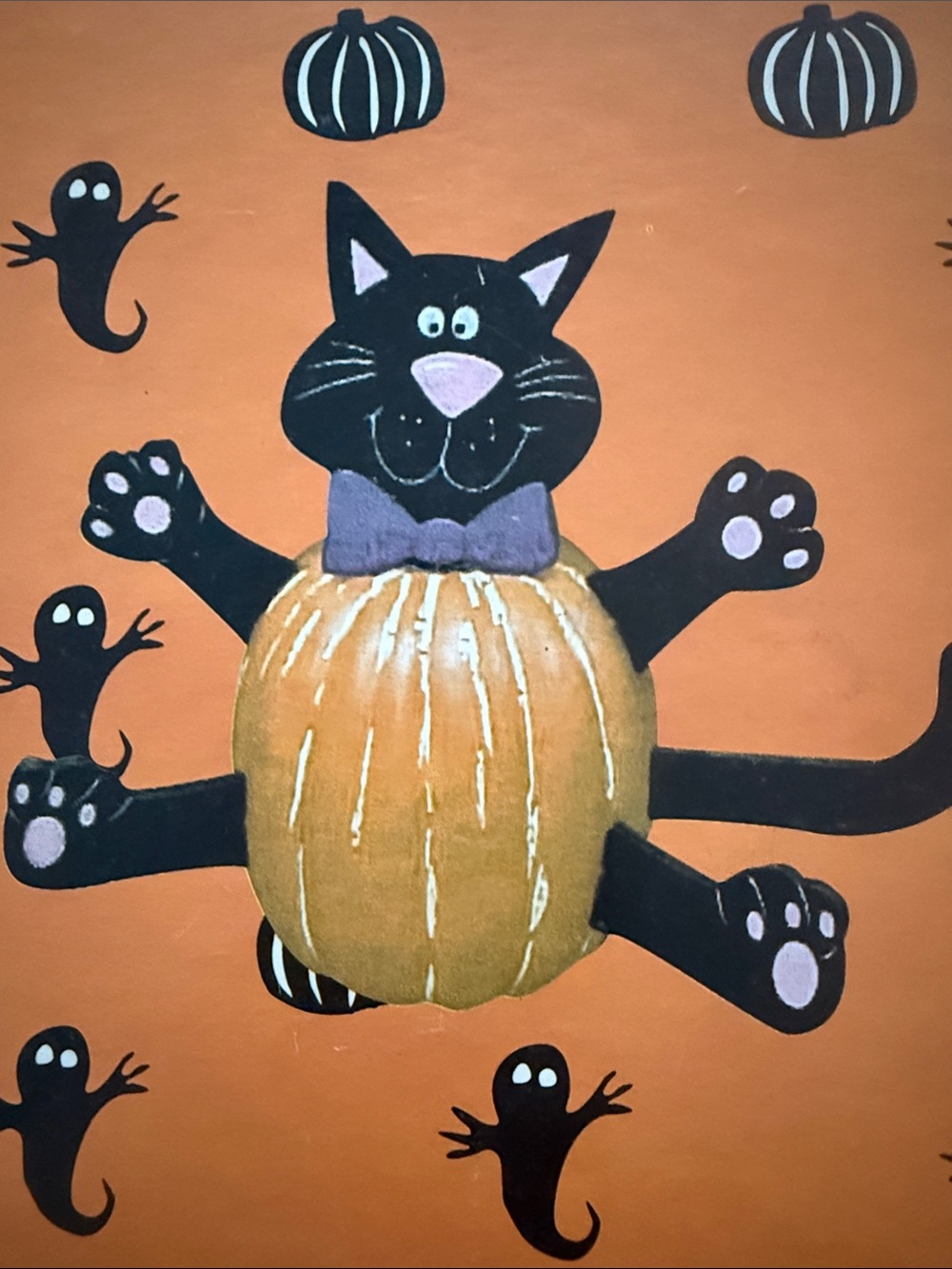 Vintage Wood Black Cat Decoration for Pumpkin Edward Gorey Style